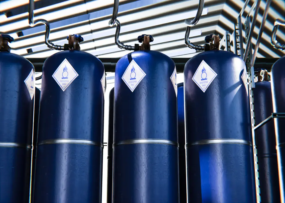 Industrial gas cylinders connected to a piping system