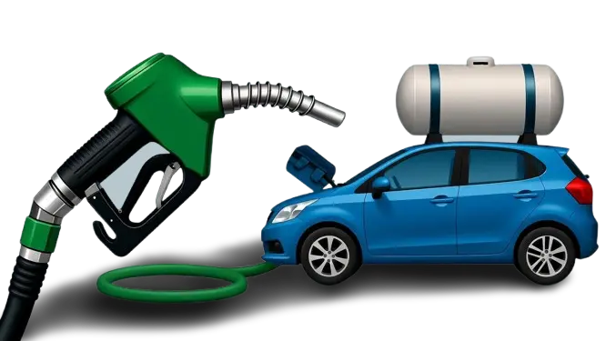 3D illustration of a car fitted with a CNG cylinder and a green refueling nozzle