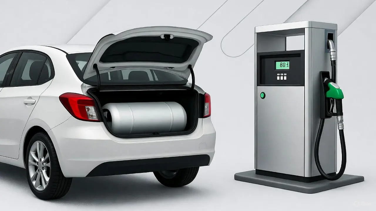 Illustration of a car with a CNG cylinder next to a refueling dispenser
