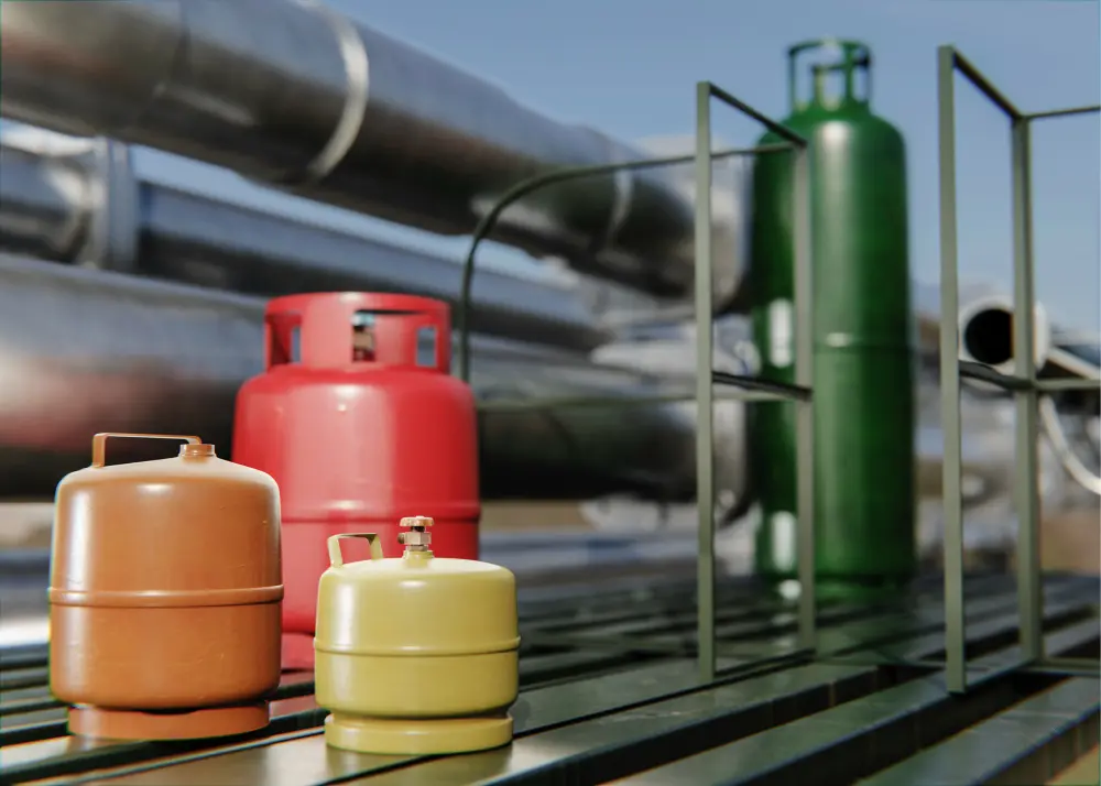 Gas cylinders of various sizes at a storage facility
